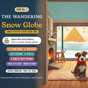Peut inclure: Un jeu d'évasion familial intitulé Case No. 1 The Wandering Snow Globe. Il comprend 14 énigmes, 5 types de pyramides mathématiques et convient aux 10 ans et plus. L'image montre un chien brun et blanc portant une écharpe rouge dans une pièce.