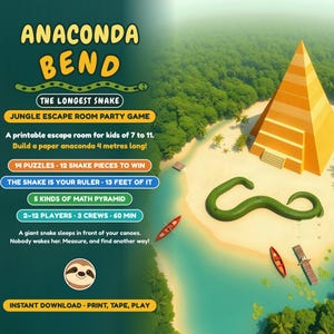 May include: A printable jungle escape room party game titled Anaconda Bend. The game features 14 puzzles, 12 snake pieces to win, and instructions to build a 13-foot paper anaconda. Includes 5 kinds of math pyramid, 2-12 players, and 60-minute play time.