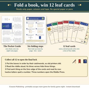The paper prop and the cards: one sheet folds into an eight-page Pocket Guide, and 12 leaf cards carry the lines of the riddle