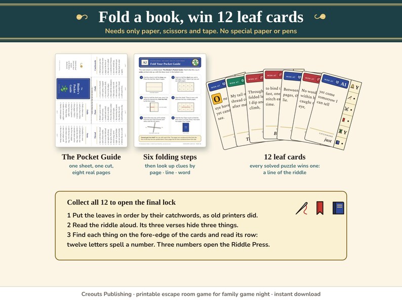 The paper prop and the cards: one sheet folds into an eight-page Pocket Guide, and 12 leaf cards carry the lines of the riddle