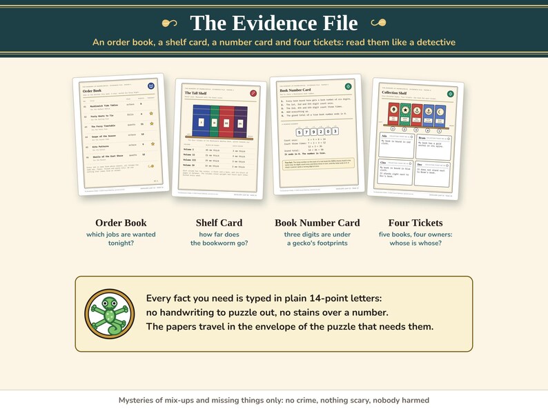 The Evidence File: an order book, a shelf card, a book number card and four collection tickets, typed in plain letters