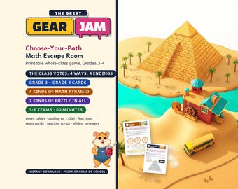 Math Escape Room for Grades 3-4, Gear Jam, Choose-Your-Path Classroom Game