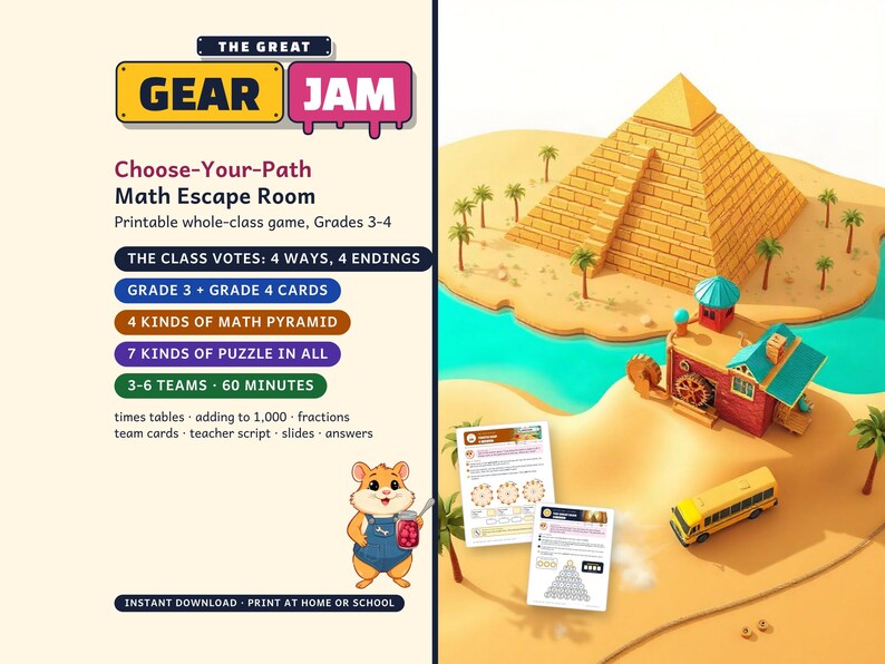 Math Escape Room for Grades 3-4, Gear Jam, Choose-Your-Path Classroom Game image 1