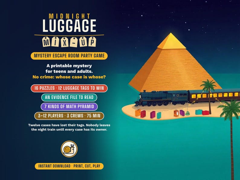Midnight Luggage Mix-Up, a printable mystery escape room party game for teens and adults: a golden pyramid on a sand island in turquoise water at night, a sleeper train and a row of colourful suitcases beside it
