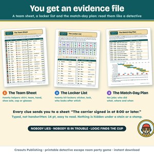 The evidence file: a Team Sheet of twenty helpers, a Locker List of twenty lockers and a Match-Day Plan to read like a detective
