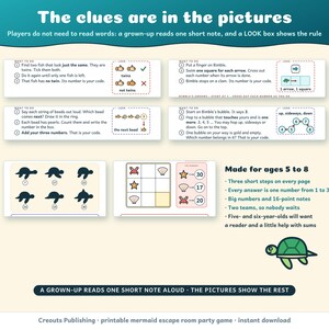 The clues are in the pictures: a grown-up reads one short note aloud and a LOOK box shows the rule, so players do not need to read words