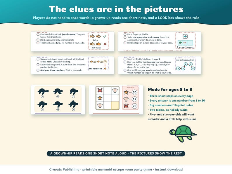 The clues are in the pictures: a grown-up reads one short note aloud and a LOOK box shows the rule, so players do not need to read words