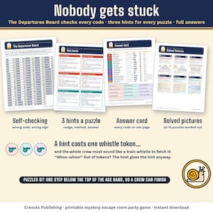 Nobody gets stuck: the self-checking Departures Board, three hints for every puzzle, an answer card and solved pictures