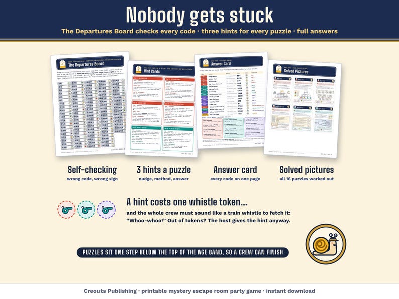 Nobody gets stuck: the self-checking Departures Board, three hints for every puzzle, an answer card and solved pictures