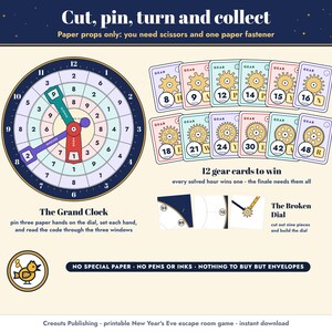 The paper props: the Grand Clock with three turning hands and windows, 12 gear cards and the nine pieces of the Broken Dial