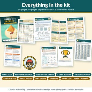 Everything in the kit: cover, host guide, evidence sheets, puzzle pages, detective cards, evidence cards, the Medal Board, the paper Cup and certificates