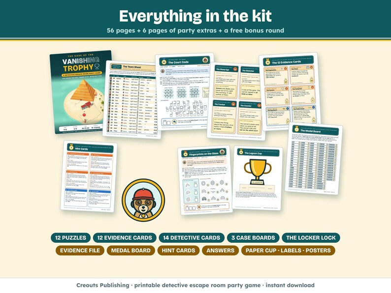 Everything in the kit: cover, host guide, evidence sheets, puzzle pages, detective cards, evidence cards, the Medal Board, the paper Cup and certificates
