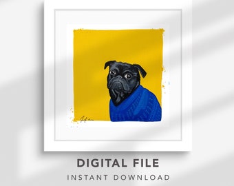 May include: A digital illustration of a black pug wearing a blue sweater against a yellow background.