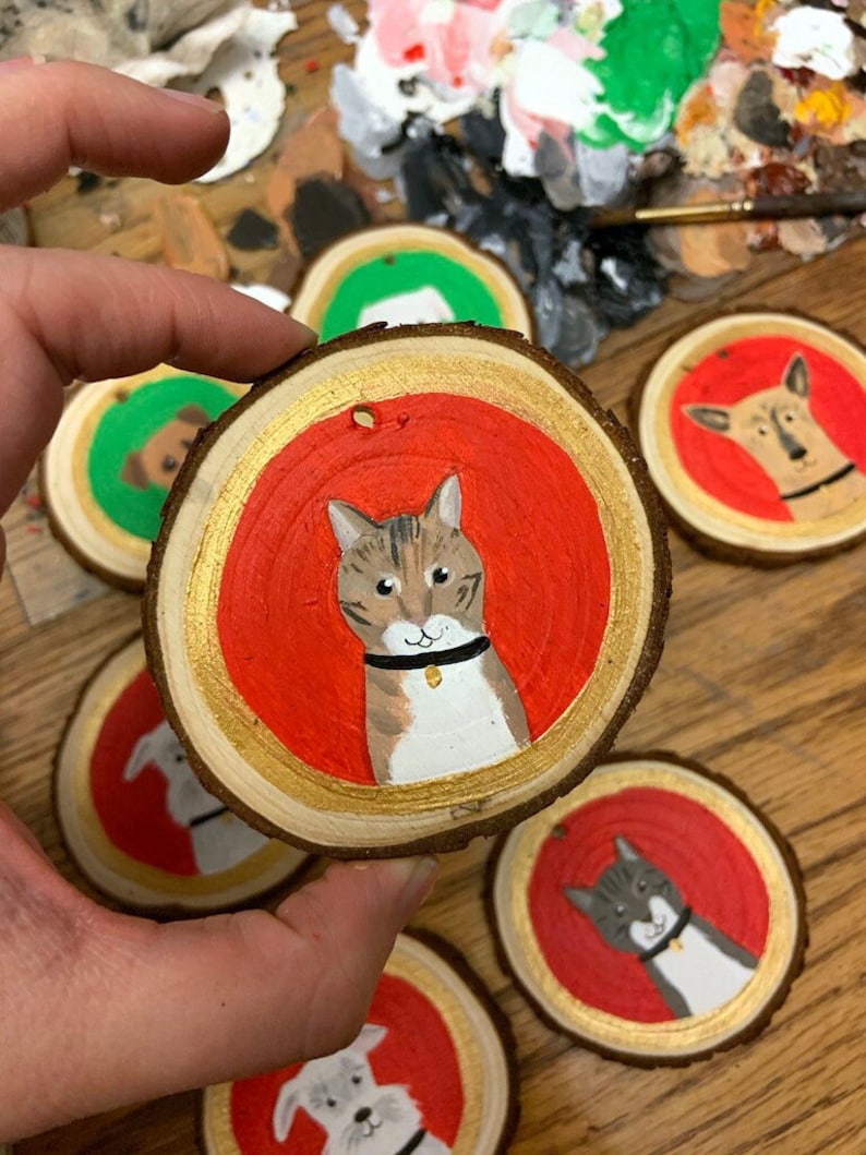 Custom Pet Portrait Wooden Christmas Ornament Hand Painted Dog or Cat image 1