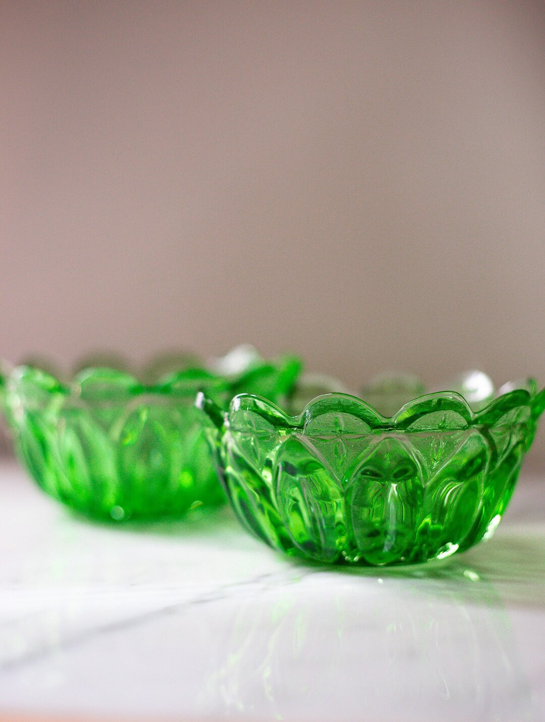 SET of 2 Vintage Emerald Crystal Glass Nut Bowls, Trinket Dishes, Candy