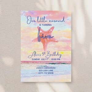 May include: A mermaid-themed birthday invitation with a watercolor background in shades of pink, blue, and yellow. The text reads "Our little mermaid is turning five" with the name "Alex" and event details. A starfish graphic is featured.