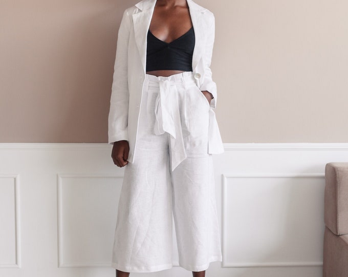 White Linen Pantsuit, Linen Trouser Suit Set, Women's Linen Palazzo ...