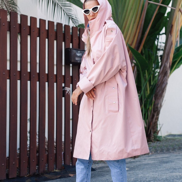 Pink midi women's trench coat, hooded waterproof raincoat, slow fashion, sustainable clothing, long women's cloak