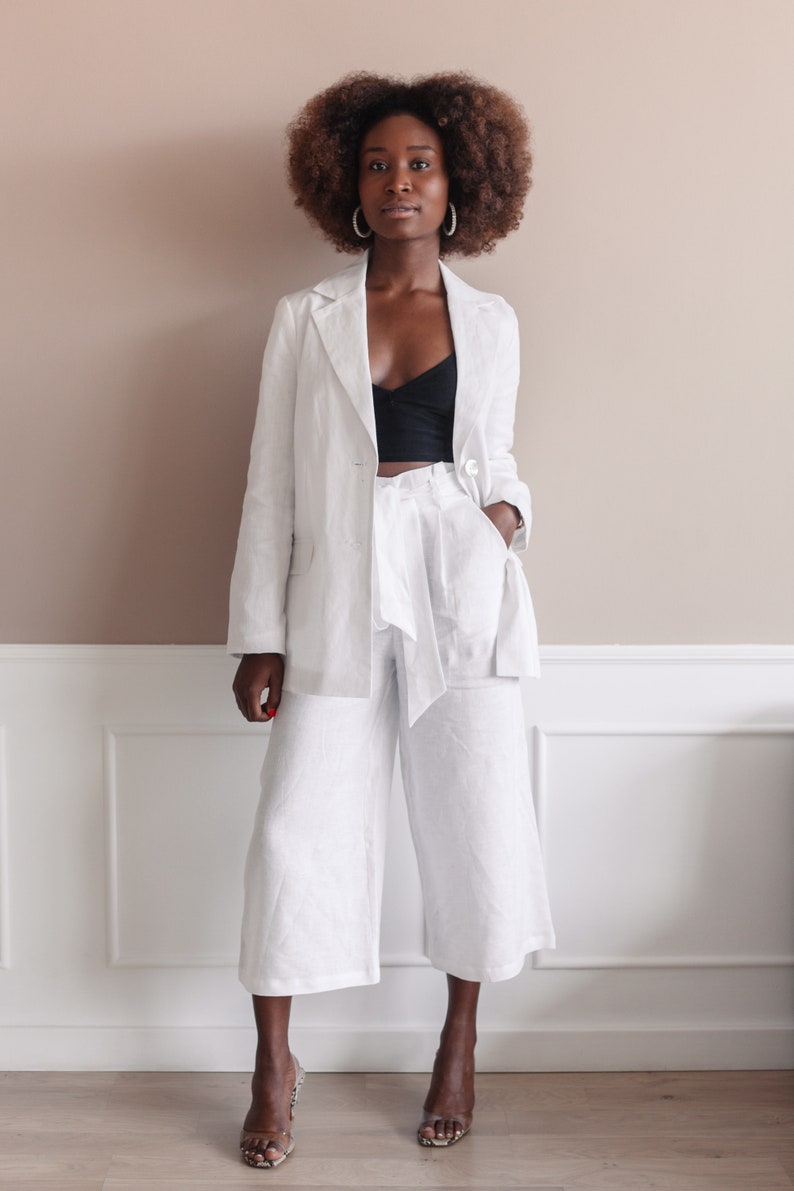 ladies white linen trouser suit