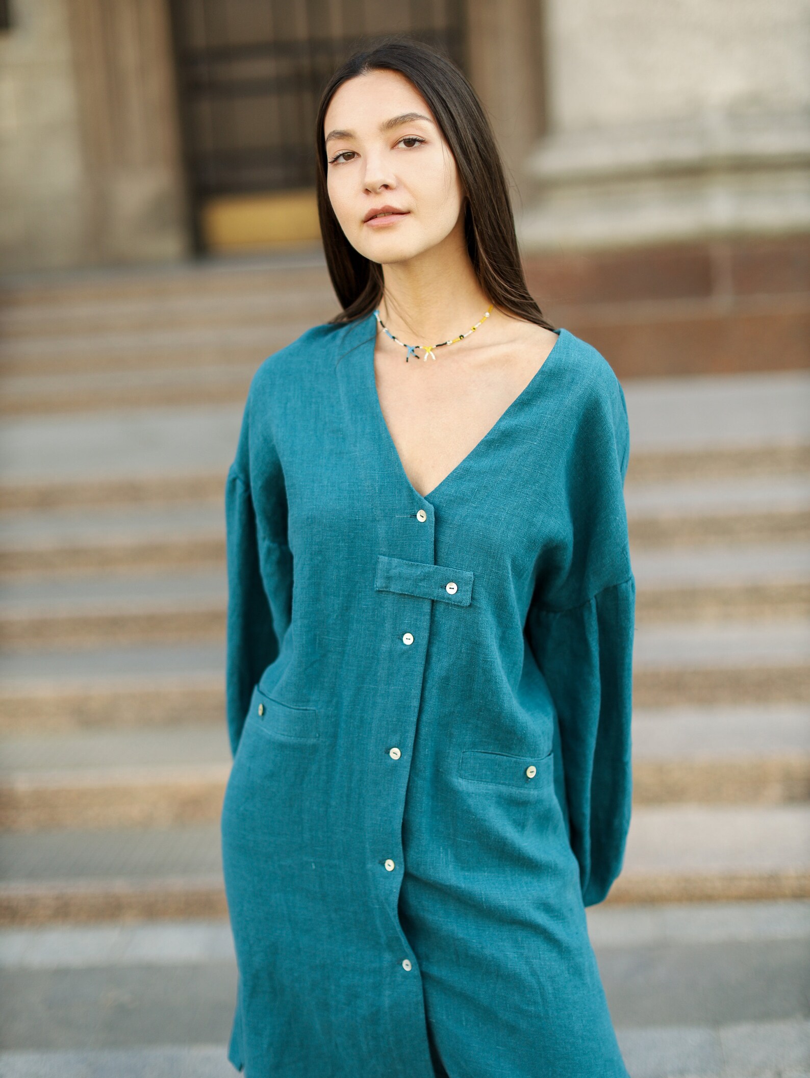 Linen shirt Dress with Buff sleeves Innosence in Etsy