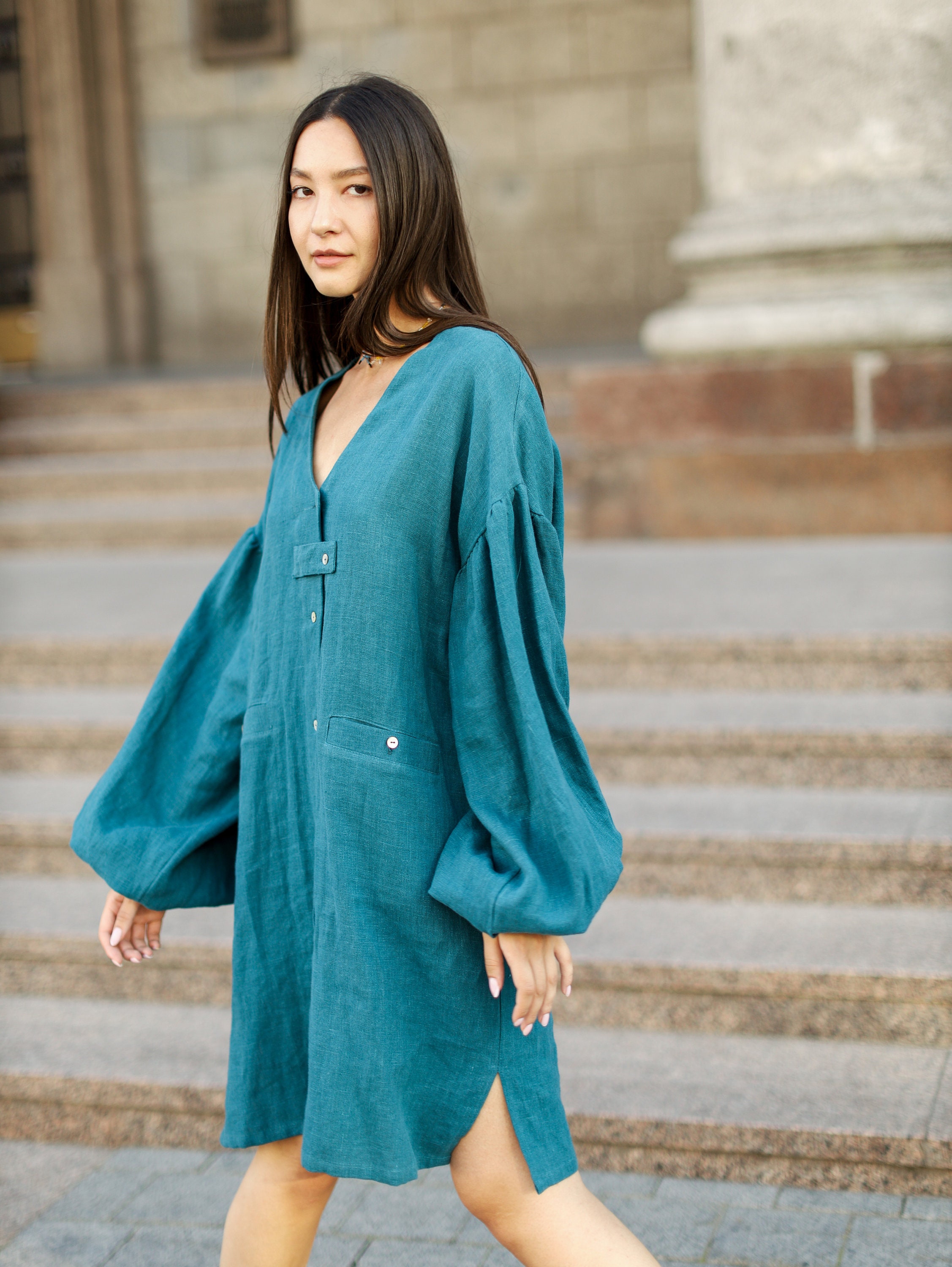 Blue Linen Shirt Dress With Buff Sleeves Linen Oversize Etsy UK