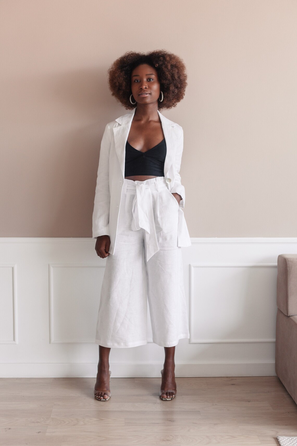 ladies white linen trouser suit