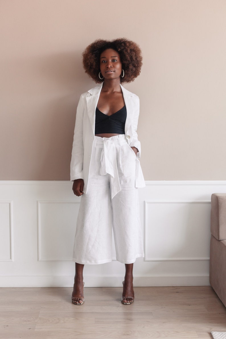 White Linen Pantsuit, Linen Trouser Suit Set, Women's Linen Palazzo ...