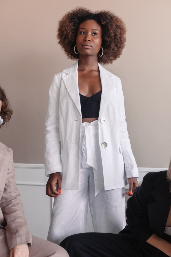 white linen pant suit