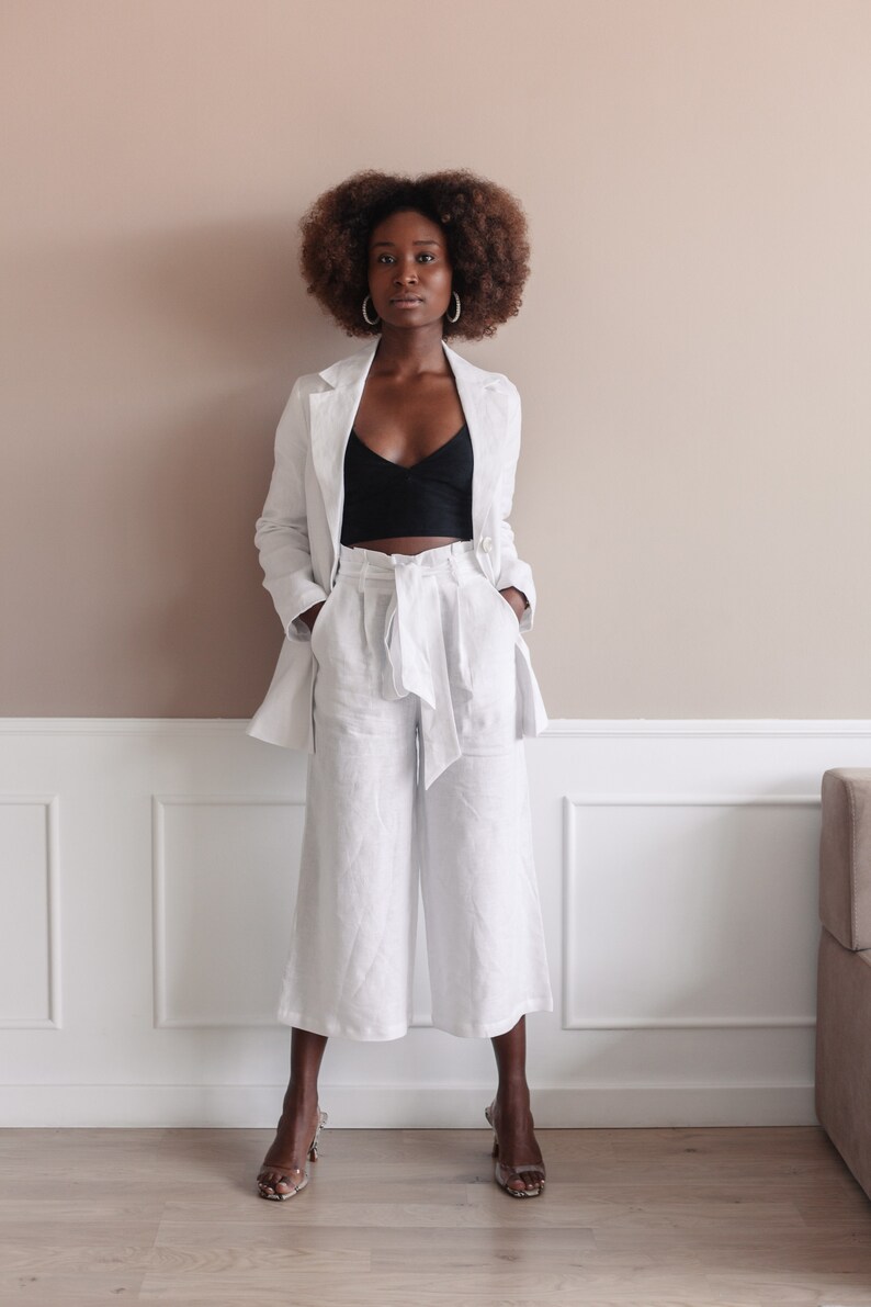ladies white linen trouser suit
