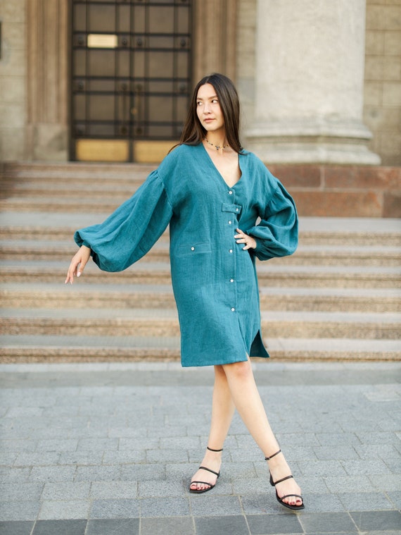 Blue Linen Shirt Dress With Buff Sleeves Linen Oversize Etsy UK