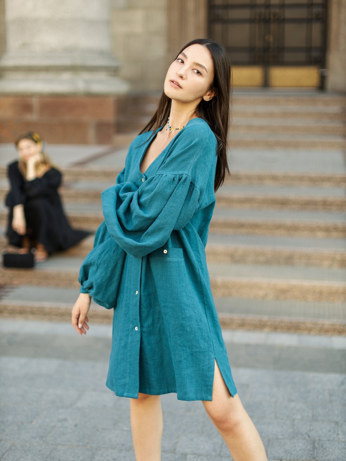 Linen shirt Dress with Buff sleeves Innosence in Etsy