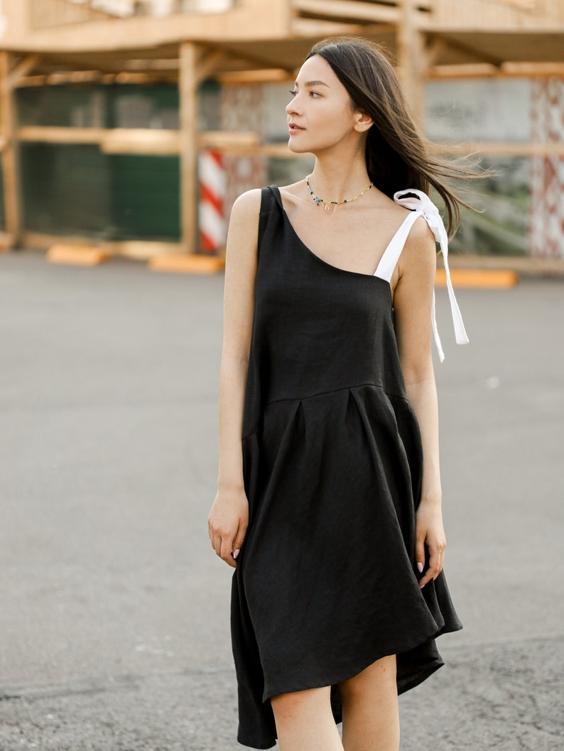 Schwarzes asymmetrisches Sommerkleid, Leinenkleid, Umstandskleid, Bio Leinenkleid, Slow Fashion, vegane Kleidung für Frauen, nachhaltige Kleidung Bild 4