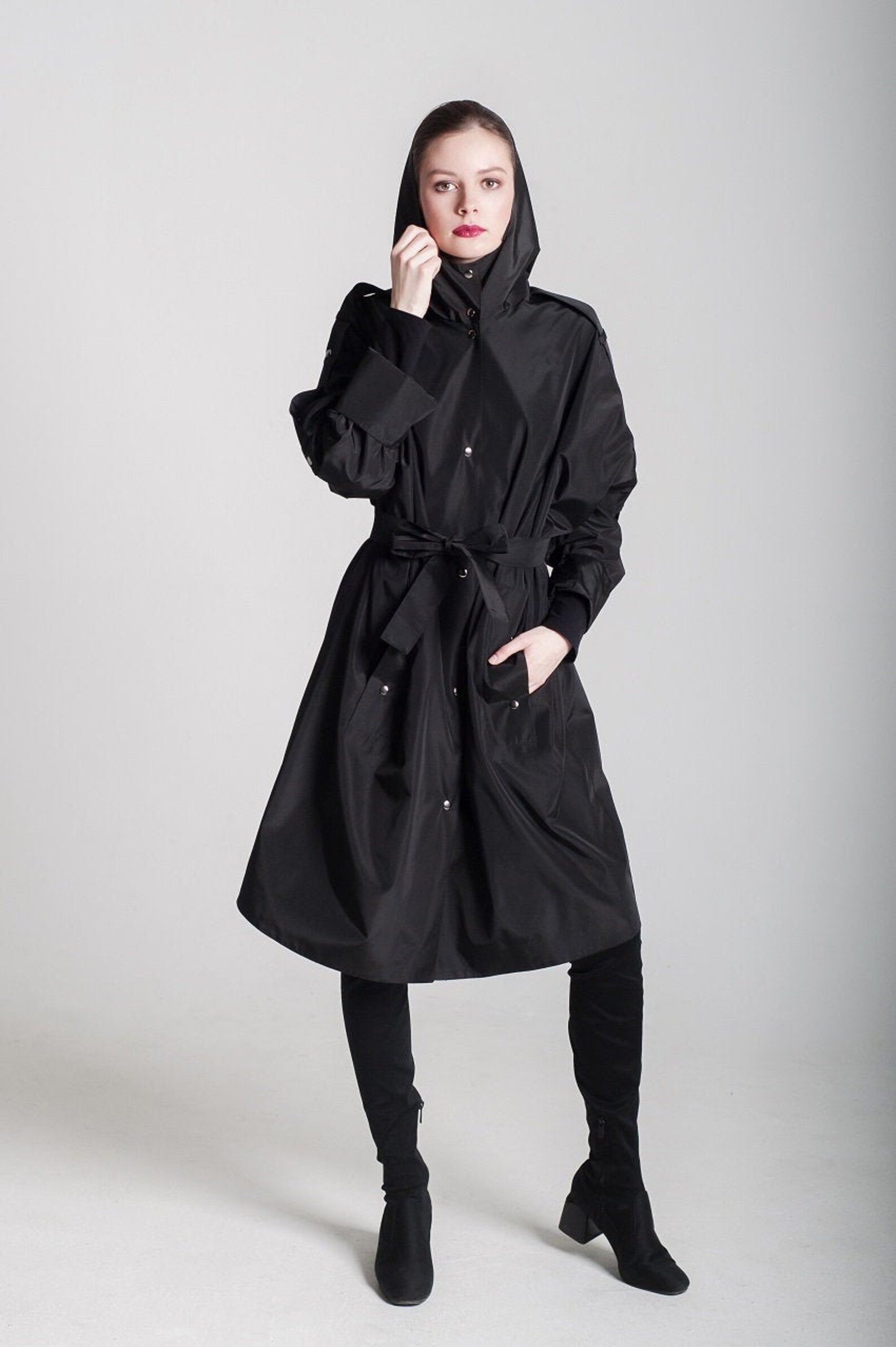 Black Long Raincoat for Women Hooded Oversize Trench Coat Etsy UK