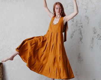 Mustard linen midi dress for summer, loose fitting dress, minimalism sleeveless dress, one size linen maxi dress, organic linen summer dress