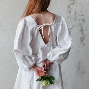 White knee-length linen dress with sleeves, square-neck linen dress, slow fashion minimalism dress, summer wedding dress