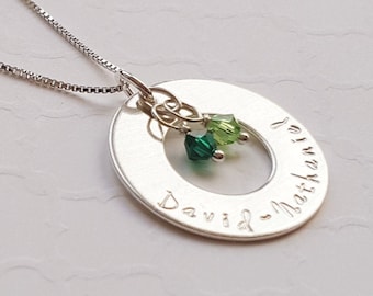 Sterling washer family necklace with birthstones