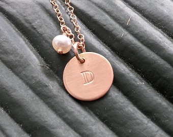 Initial necklace with freshwater pearl in sterling, rose or yellow gold