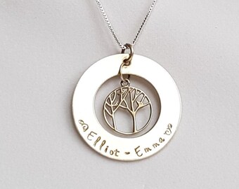 Sterling washer family necklace with tree of life
