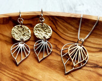 Gold and sterling palm leaf necklace and earring set