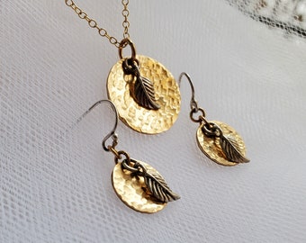 Hammered gold and sterling necklace and earring set