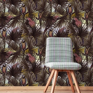 Tropical vintage wallpaper with parrots, self adhesive removable wall mural, peel and stick jungle wallpaper, bird wallpaper, home decor #94