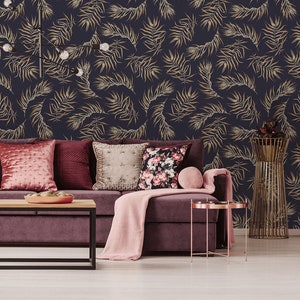 Retro wallpaper with watercolor summer palm leaf, peel and stick wallpaper, retro tropical wall mural, removable wallpaper #229