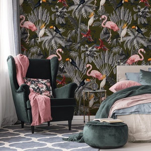 Flamingo wallpaper with tropical pattern, peel and stick wallpaper, retro floral wall mural, removable wallpaper, bird wall decor #223