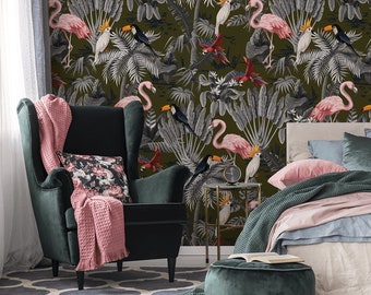Flamingo wallpaper with tropical pattern, peel and stick wallpaper, retro floral wall mural, removable wallpaper, bird wall decor #223