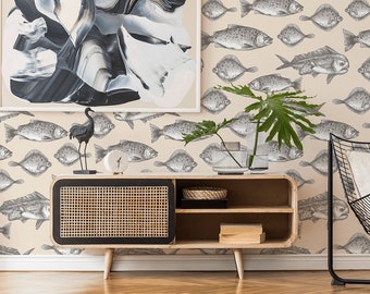 Papel pintado de peces: mural retro floral dibujado a mano autoadhesivo