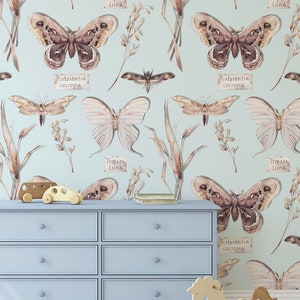 Vintage wall mural with butterflies, self adhesive, peel and stick wallpaper, floral wall decor, removable peel and stick wallpaper #413
