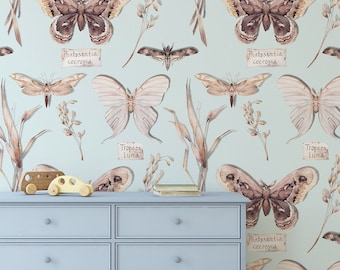Vintage wall mural with butterflies, self adhesive, peel and stick wallpaper, floral wall decor, removable peel and stick wallpaper #413
