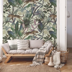Panther & jungle wallpaper, peel and stick tropical wallpaper, retro removable wallpaper, watercolor wall art #7
