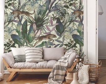 Panther & jungle wallpaper, peel and stick tropical wallpaper, retro removable wallpaper, watercolor wall art #7