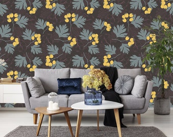 Yellow berries self adhesive wallpaper, vintage wallpaper, wall mural, floral wall decal, removable wallpaper, peel and stick wallpaper #39